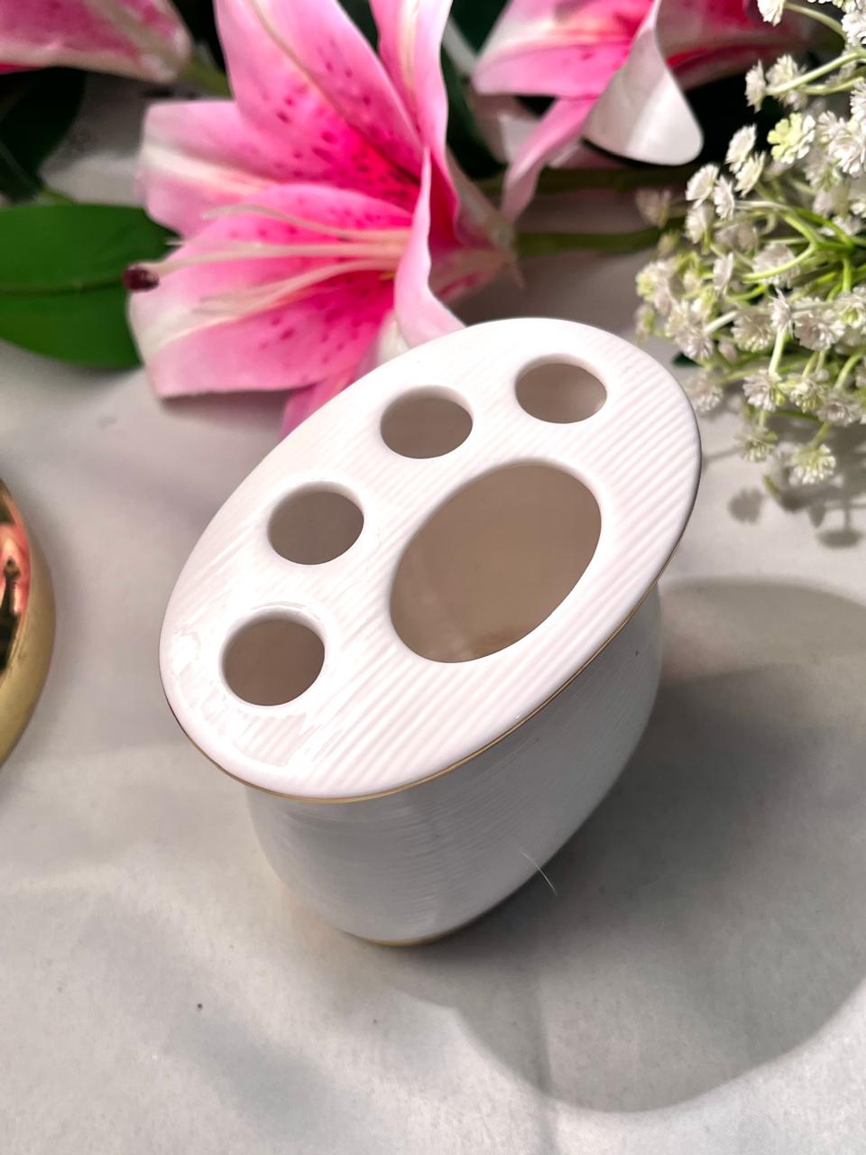 White Ceramic Toothbrush Holder Gold Trim 4.5 Inch