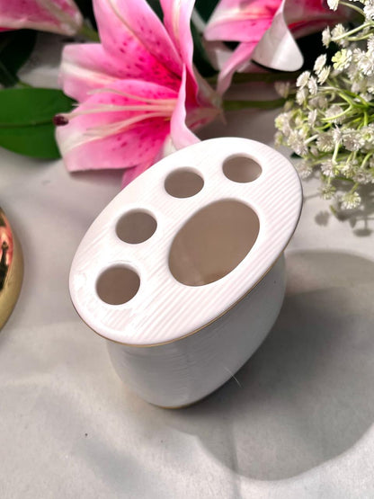 White Ceramic Toothbrush Holder Gold Trim 4.5 Inch