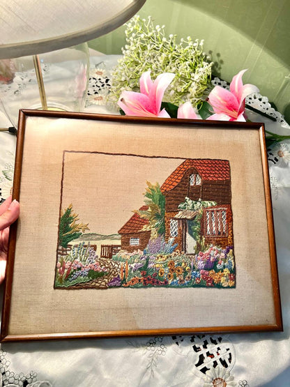 Large Needlework embroidered cottage garden frame 16 in