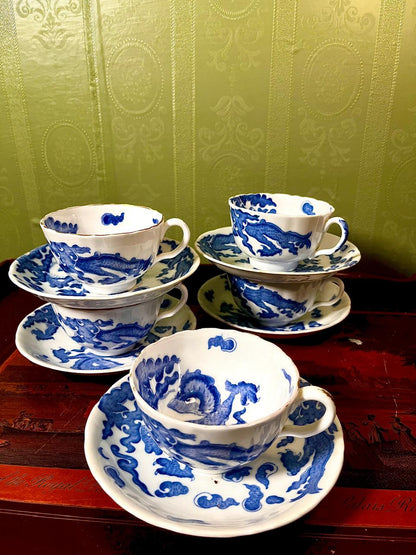 Vintage Blue & White Dragon Tea Cup & Saucer Set | 5 Persons