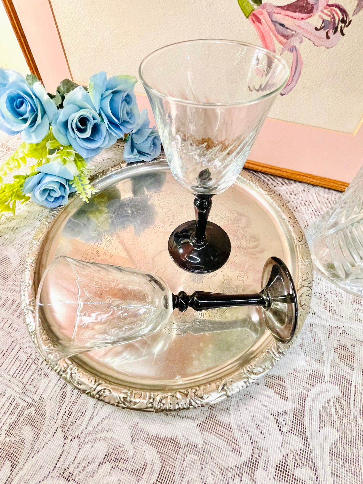 Vintage Clear Goblets with Black Stems – Set of 2
