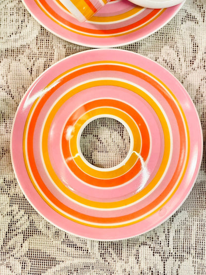 Vintage Pink Stripe Mugs & Saucers Set of 4