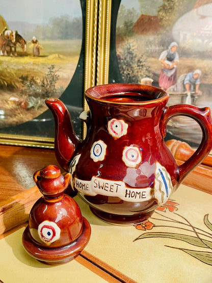 Vintage “Home Sweet Home” Brown Ceramic Teapot – Cottage Collectible