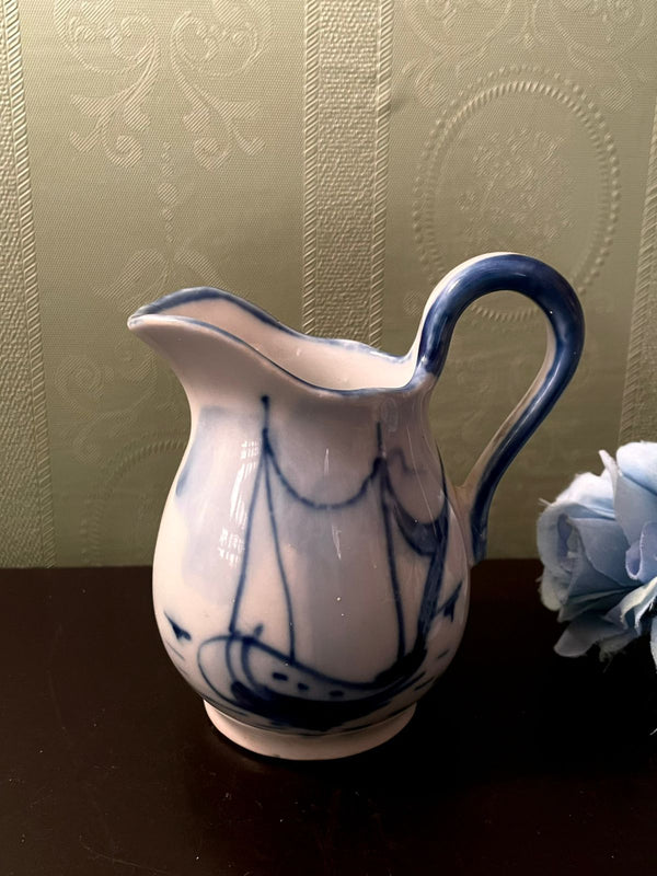 Blue White Ceramic Pitcher Vase 6 Inch