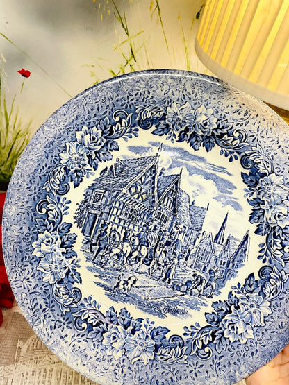 Large Blue and White Decorative Wall Plate Continental Village Scene 11 Inch