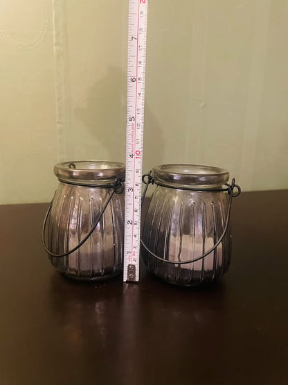 Set of 2 Smoky Glass Tealight Lantern Candle Holders