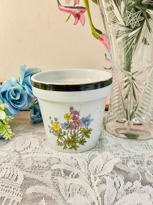 Vintage Floral Ceramic Planter with Gold Rim