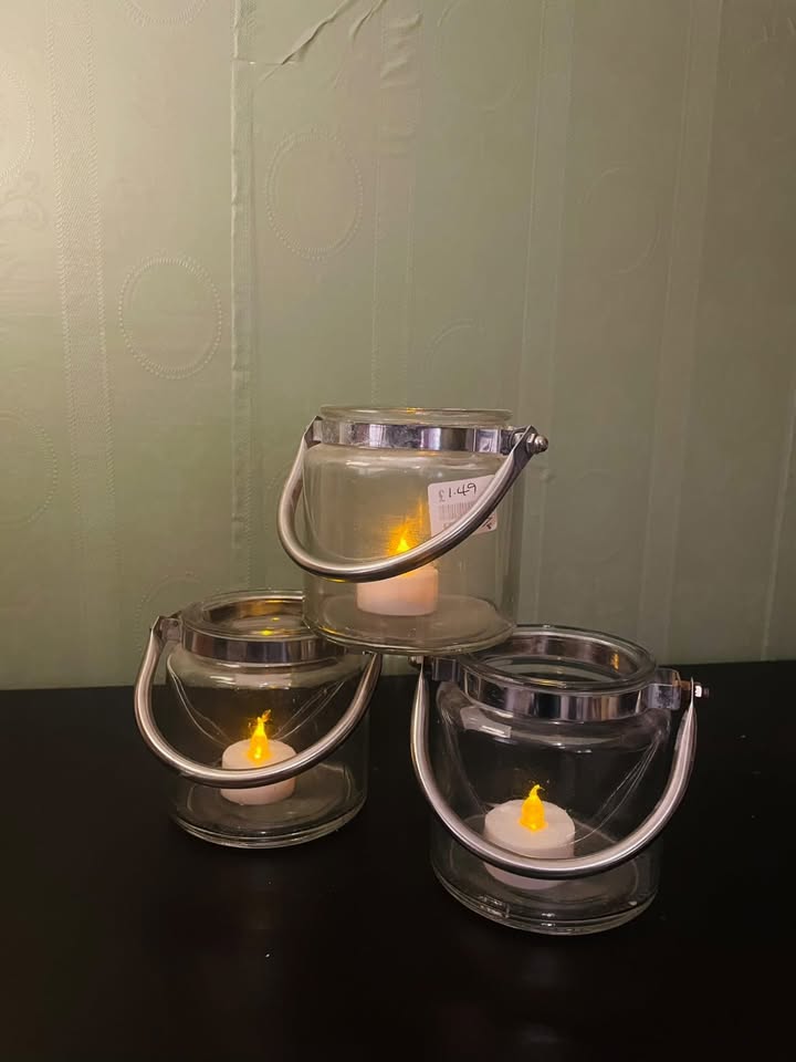 Glass Tealight Lantern Candle Holder with Silver Handle