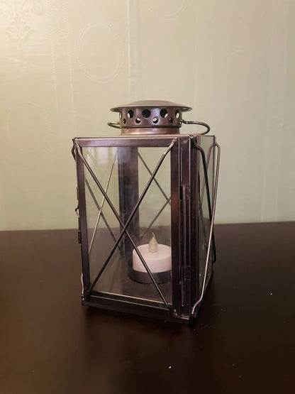 Vintage Style Metal & Glass Tealight Lantern Candle Holder