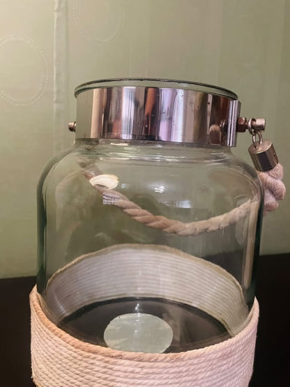 Nautical Glass Hurricane Lantern Candle Holder with Rope Detail