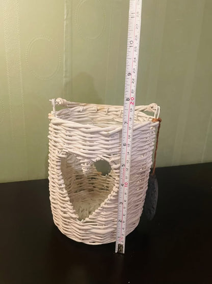 Set of 2 White Wicker Heart Lantern Candle Holders