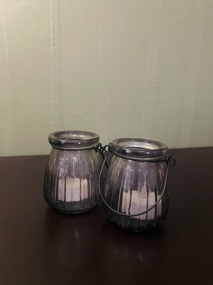Set of 2 Smoky Glass Tealight Lantern Candle Holders