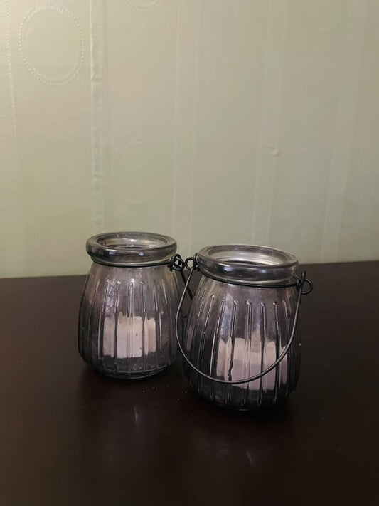 Set of 2 Smoky Glass Tealight Lantern Candle Holders