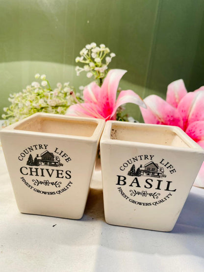 Country Life Basil & Chives Ceramic Herb Planters 2pc Set