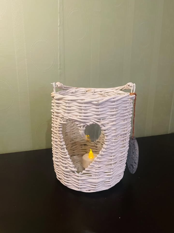Set of 2 White Wicker Heart Lantern Candle Holders
