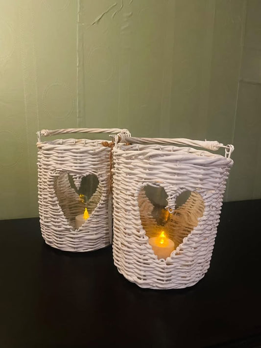 Set of 2 White Wicker Heart Lantern Candle Holders
