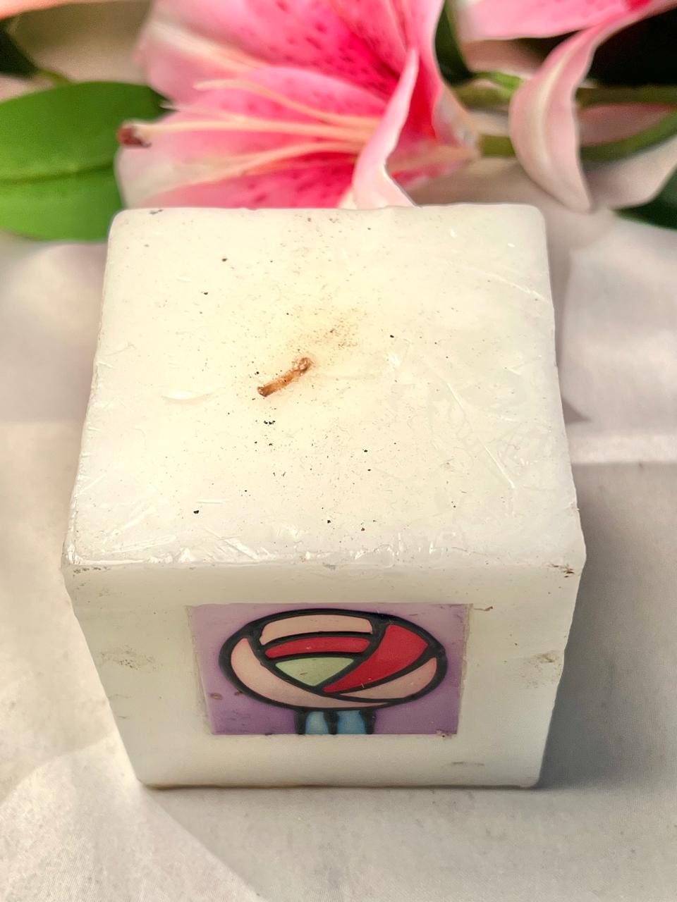 Vintage Cream Cube Candle with Abstract Floral Motif 10 cm