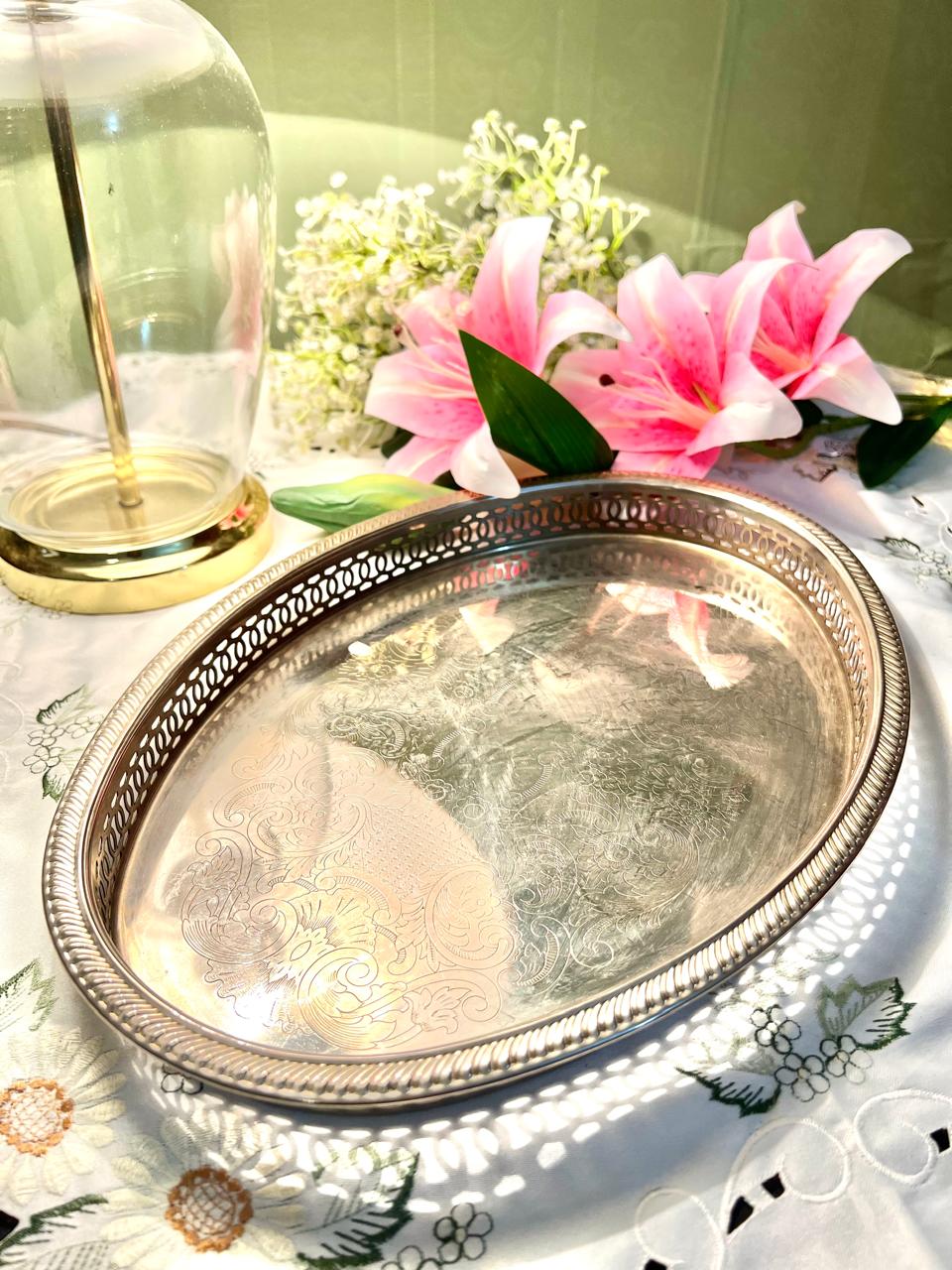 Queen Anne Silver Oval Serving Tray Engraved 36 cm