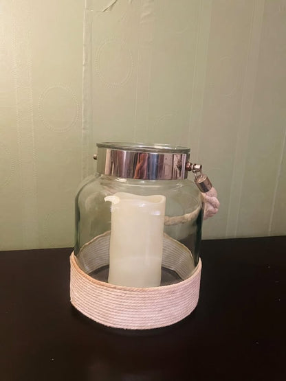 Nautical Glass Hurricane Lantern Candle Holder with Rope Detail