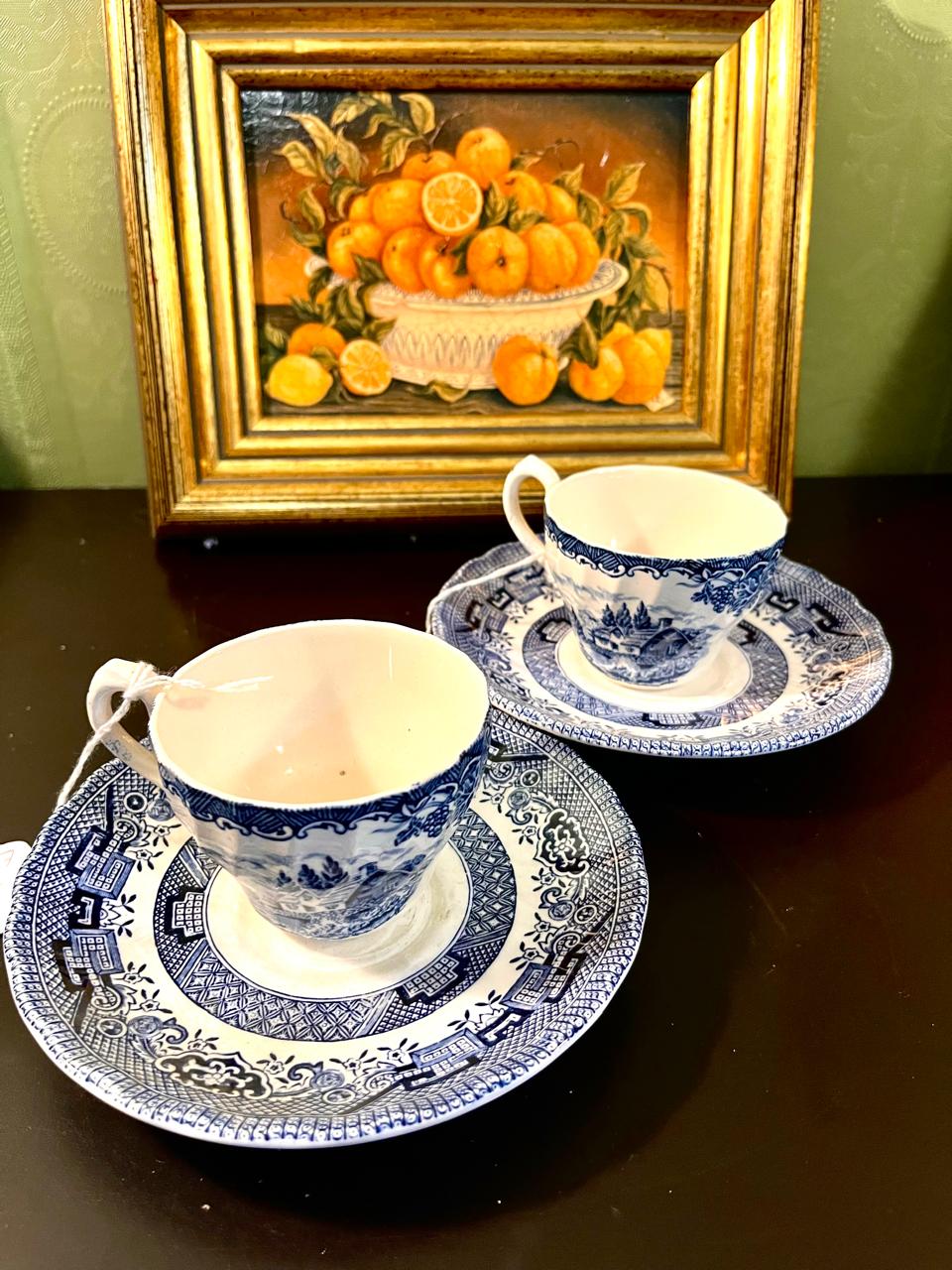 Vintage Blue & White Chinoiserie Teacup & Saucer Set of 2