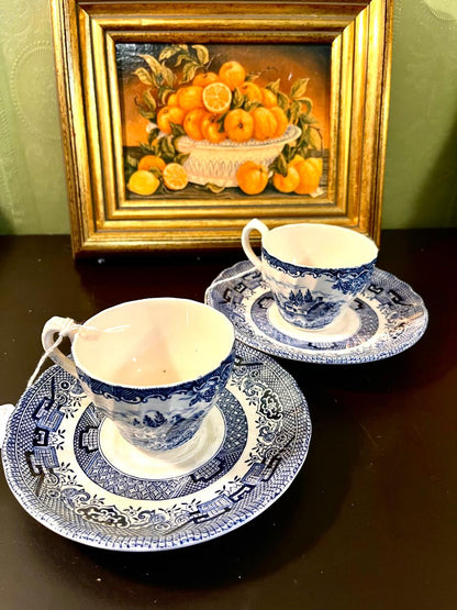 Vintage Blue & White Chinoiserie Teacup & Saucer Set of 2