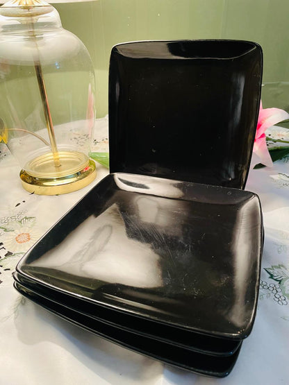 Set of 4 Black Square Ceramic Dinner Plates 24 cm