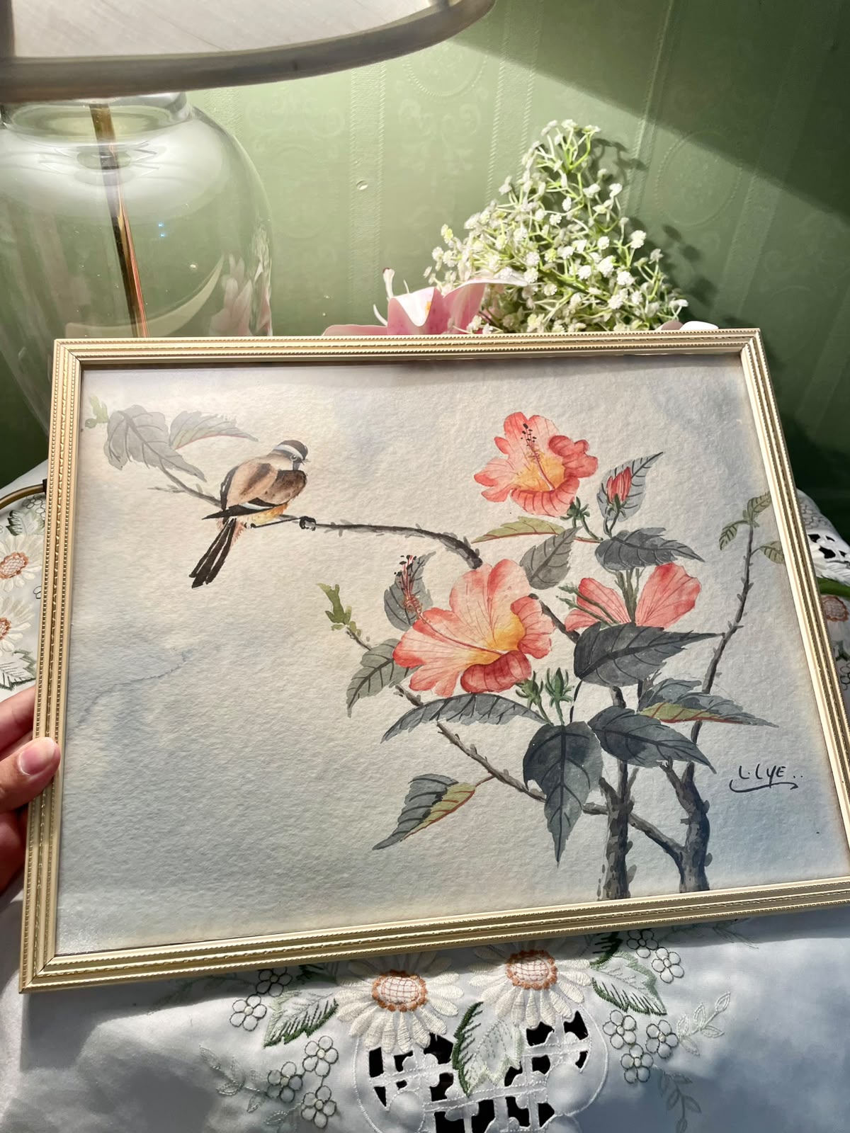 Vintage original Chinese Gongbi brush painting traditionally titled "Bird on Chinese Hibiscus Tree" 15 inches