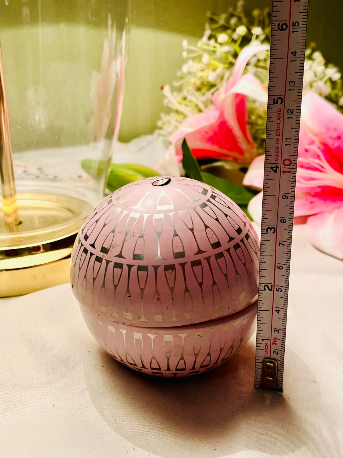 Vintage Pink & Silver Geometric Sphere Scented Candle Tin 4 Inch