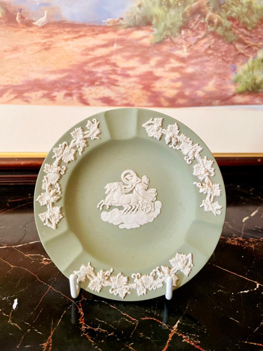 Vintage Wedgwood Jasperware Green Ashtray / Trinket Dish with White Relief – England