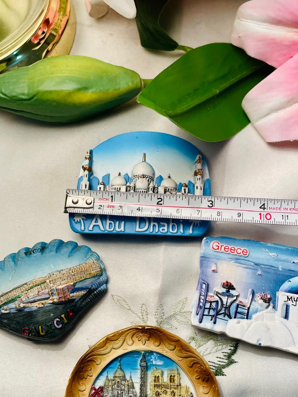 Fridge Magnet 4-Piece Travel Souvenir Set Abu Dhabi Greece Paris & Vigo