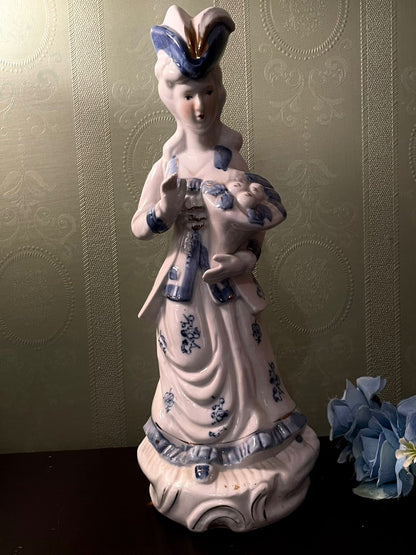 Vintage Porcelain Lady Figurine Holding Flowers Blue & White 12 Inch
