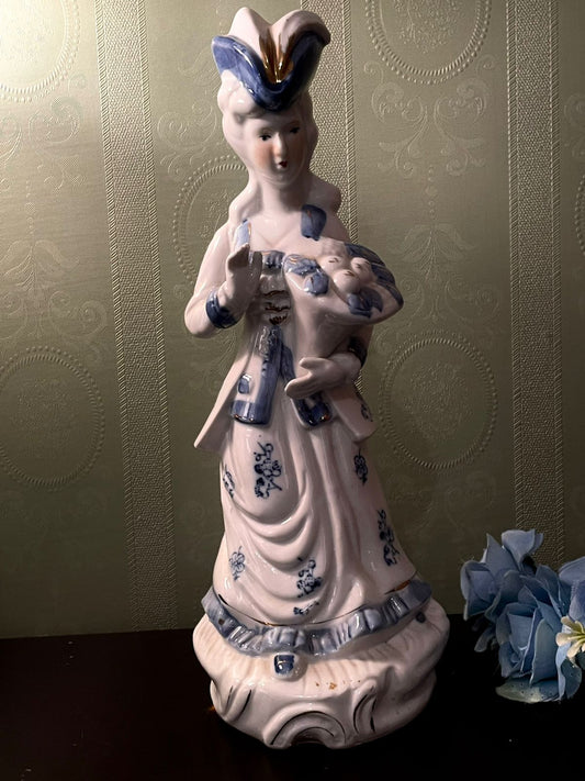 Vintage Porcelain Lady Figurine Holding Flowers Blue & White 12 Inch