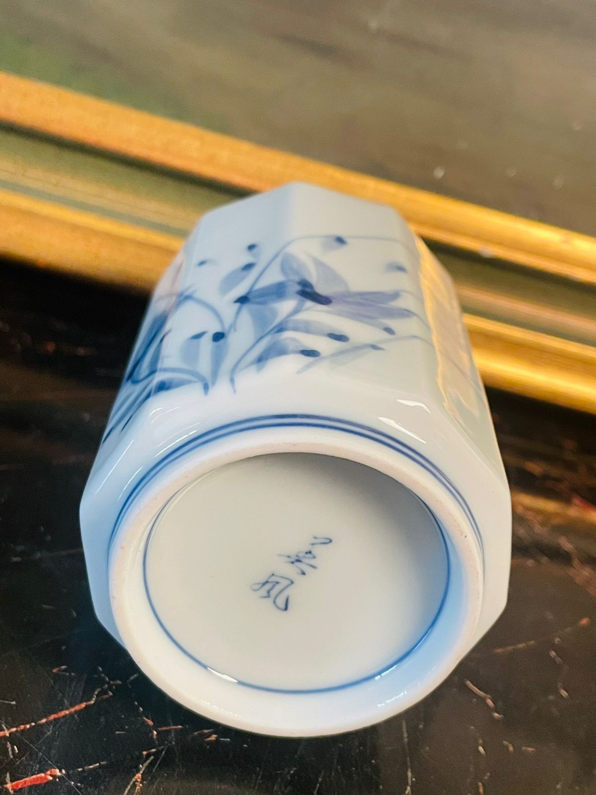 Japanese Blue & White Porcelain Cup ( 9cm )– Hand-Painted Floral Design – Hexagonal Shape. Japan