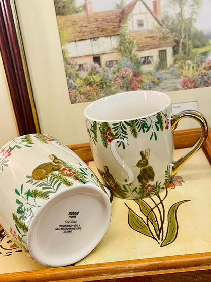 Tesco Fine China Initial “S” Rabbit Mugs – Gold Handle – Set of 2
