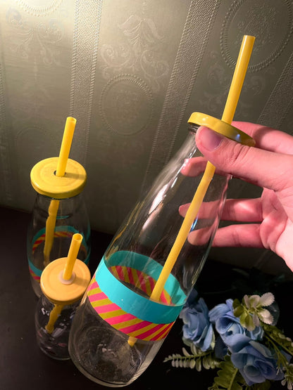 Set of 3 Glass Drinking Bottles with Straws – Reusable Milk Bottle Tumblers