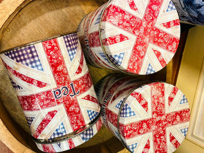 Vintage Union Jack Tea Coffee Sugar Tin Canister Set — England Style