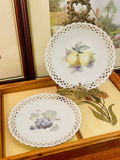 Thun Germany porcelain, decorative plates set, pierced lace edge plates, fruit theme plates, cottage kitchen decor, wall decor plates, vintage European china, apple plate, grapes plate, porcelain display plates, farmhouse decor accents, collectible plates Germany