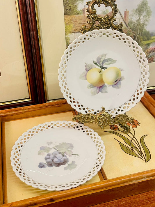Thun Germany porcelain, decorative plates set, pierced lace edge plates, fruit theme plates, cottage kitchen decor, wall decor plates, vintage European china, apple plate, grapes plate, porcelain display plates, farmhouse decor accents, collectible plates Germany