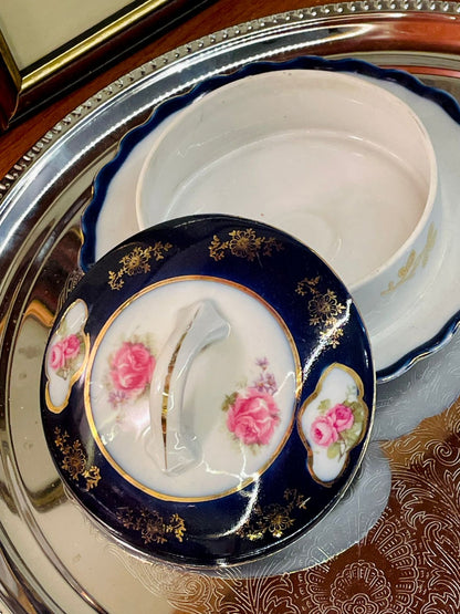 Vintage Navy & Gold Porcelain Butter Dish with Rose Motif