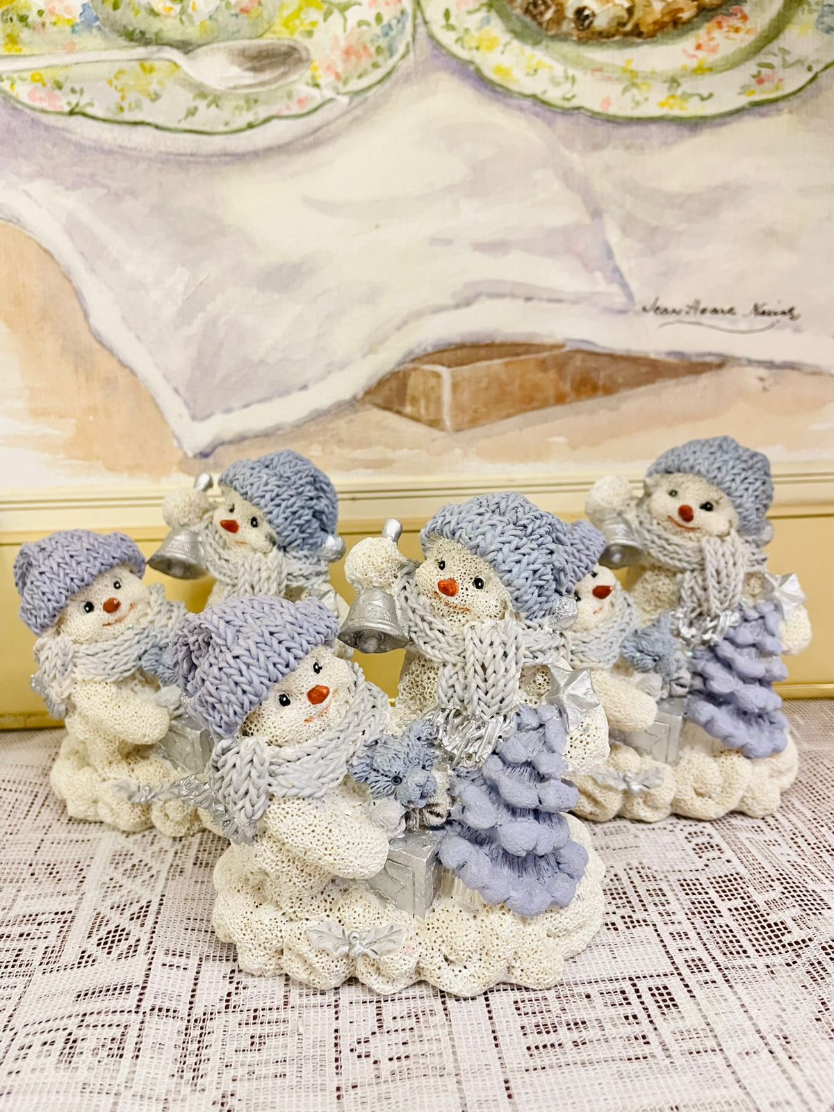 Winter Snowman Figurine Set - Handcrafted Ceramic Snowmen with Gifts