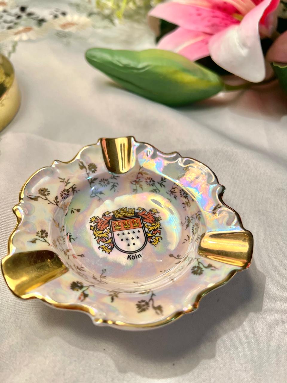 Vintage German Lustre Ashtray Gold Trim Crest Design 10 cm