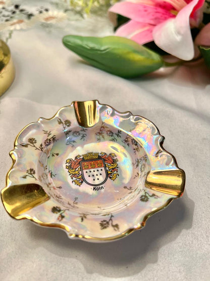 Vintage German Lustre Ashtray Gold Trim Crest Design 10 cm