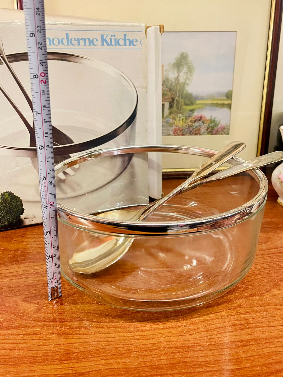 Glass Salad Bowl with Chrome Rim & Silver Plated Servers – 20cm Clear Serving Bowl