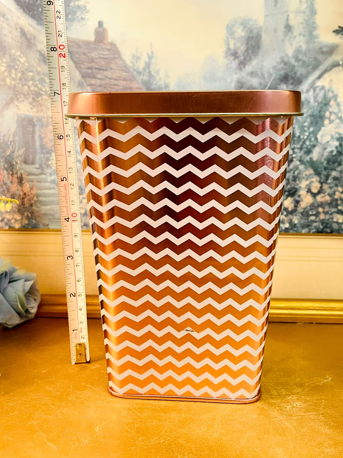 Vintage Chevron Pattern Metal Storage Tin with Lid