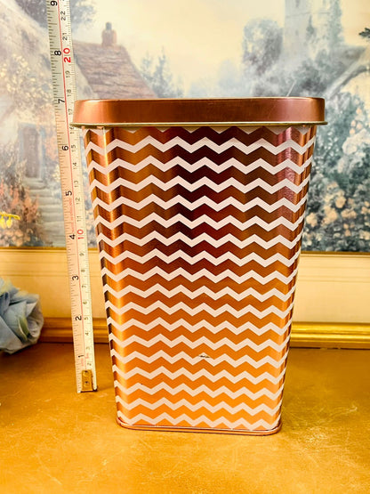 Vintage Chevron Pattern Metal Storage Tin with Lid
