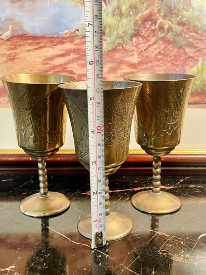Set of 3 Vintage Brass Goblets with Intricate Floral Engravings