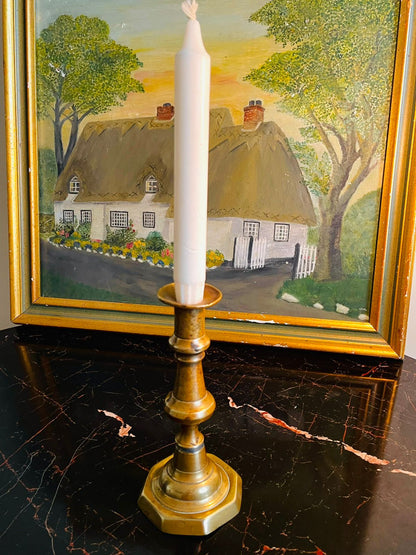 Vintage Brass Candlestick – Detailed Turned Mid-Section, Square Base