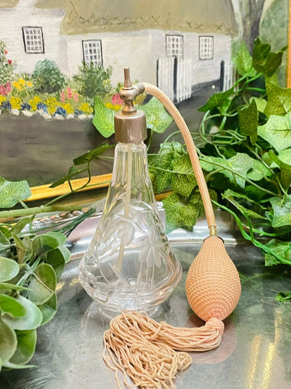 1970s Stuart Crystal Perfume Atomiser – Cut Glass with Puffer &amp; Tassel