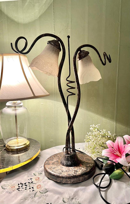 Vintage Double Tulip Glass Table Lamp with Sculptural Metal Frame 60 cm