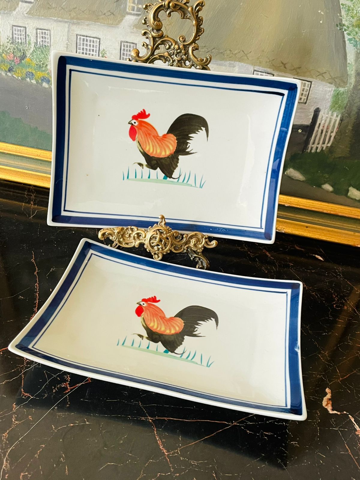 rooster plate set, hand painted porcelain, Asian tableware, farmhouse kitchen decor, chicken design dish, rectangular plates, sushi plate set, rustic rooster decor, collectible porcelain, vintage Asian ceramics
